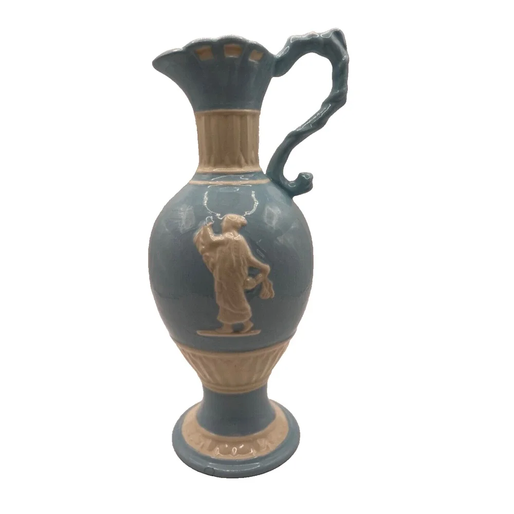 Vintage Light Blue Ceramic Greek Mythology Mini Ewer Vase